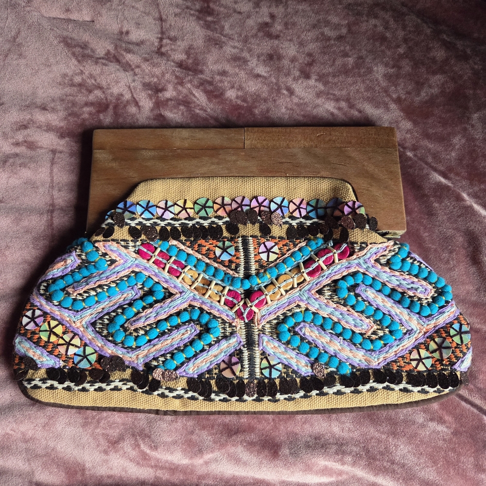 New Without Tags! Bohemian Multicolor Embroidered Clutch with Wooden Handle